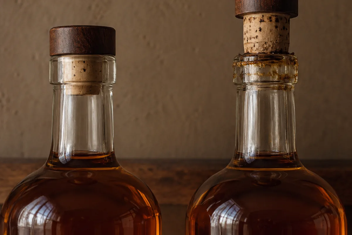 Two plain whisky bottles standing side by side, the left sealed and clean at the neck and the right with its cork lifted clear of the mouth and a sticky ring dried around the rim