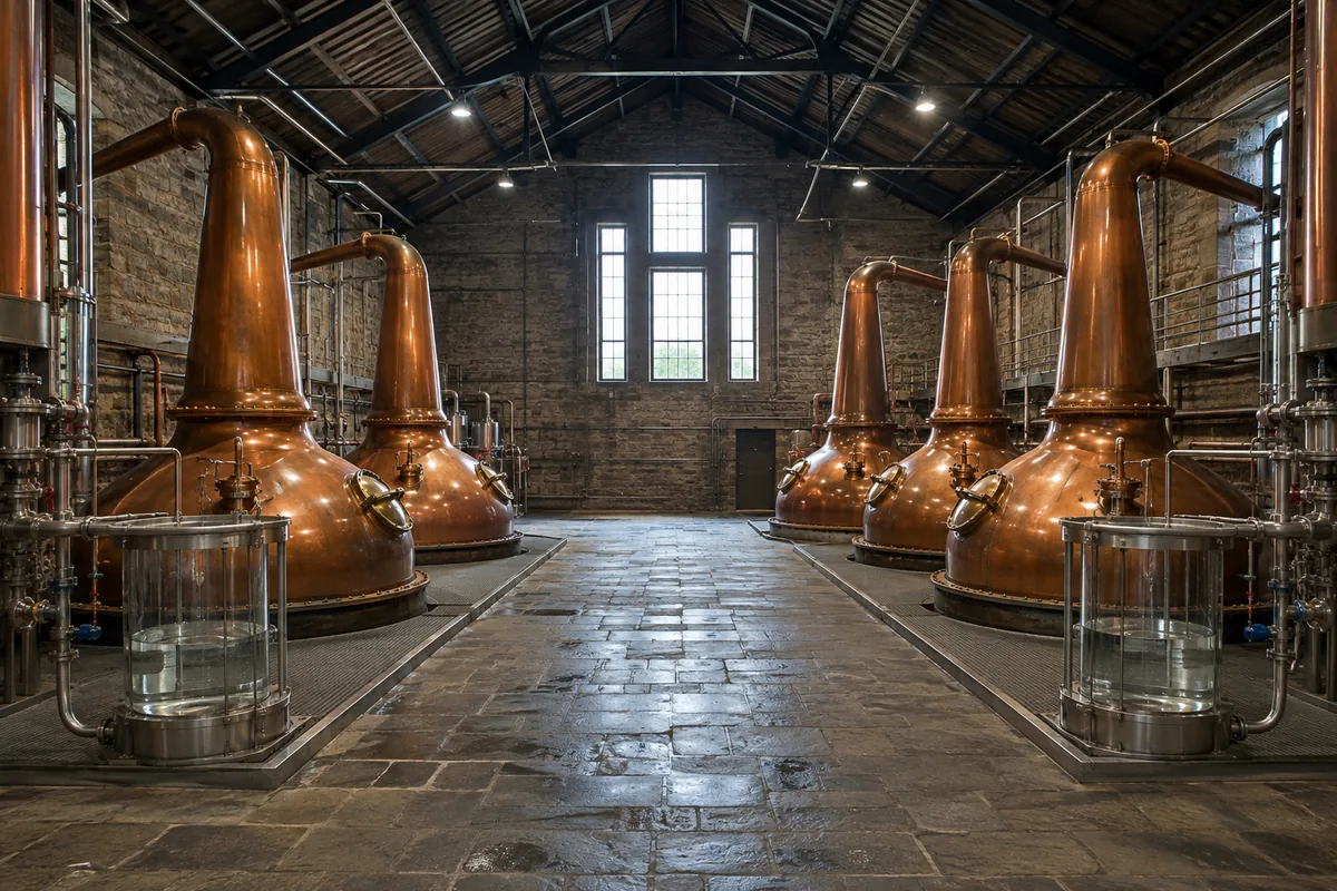 Two separate Lowland malt distillation paths showing a two-still sequence beside a three-still sequence