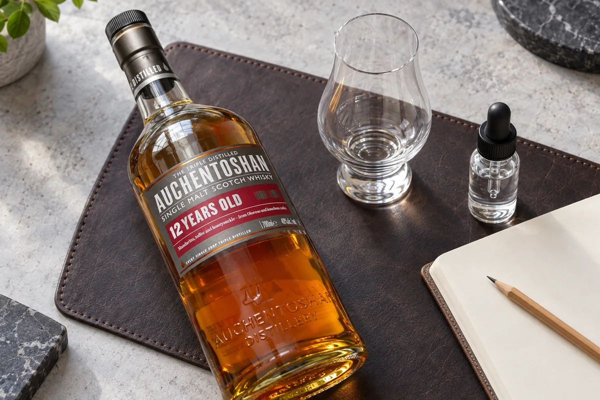 Auchentoshan 12 Lowland whisky bottle on a tasting mat beside an empty glass, water dropper and notebook