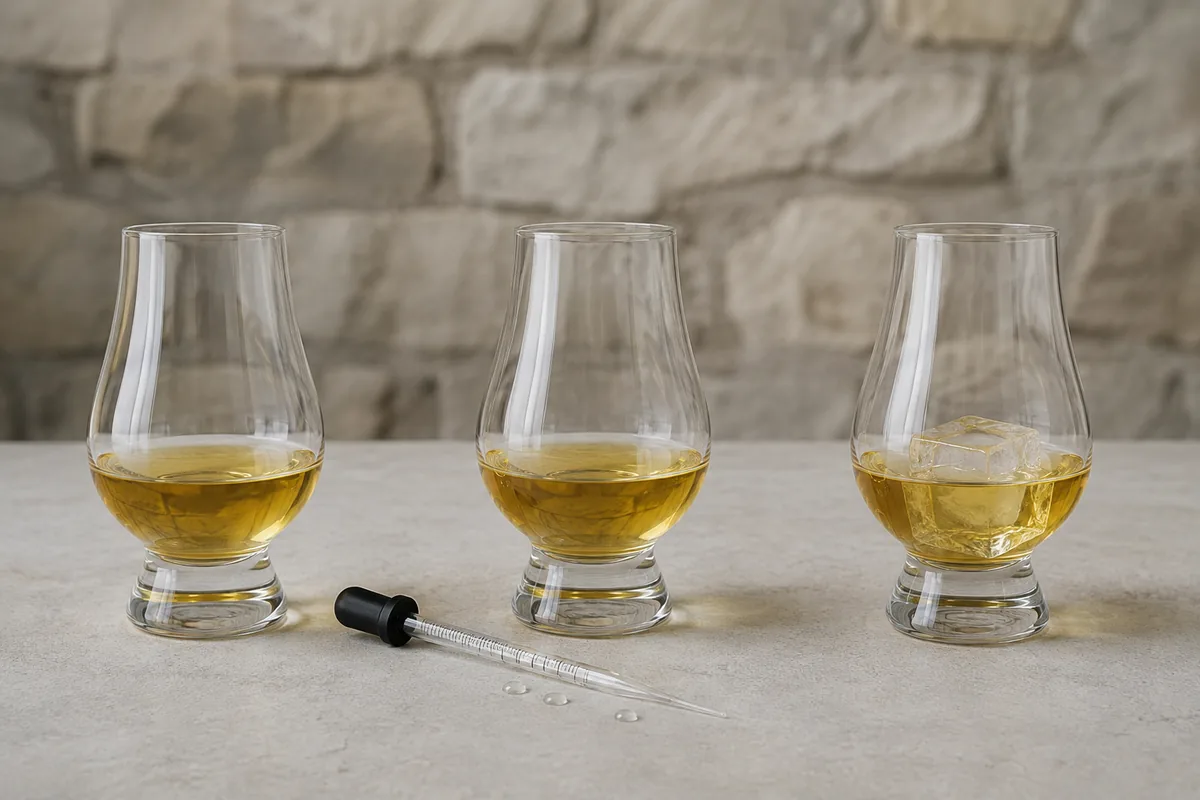 The same Lowland whisky shown neat, beside measured water and over one large clear ice cube in matching glasses