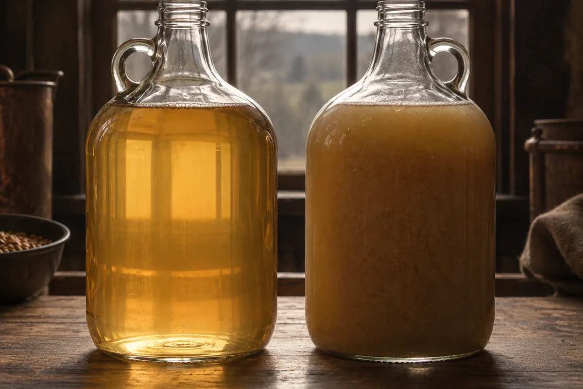 Two glass jugs of wort side by side, the left one bright and clear and the right one thick and cloudy with suspended solids