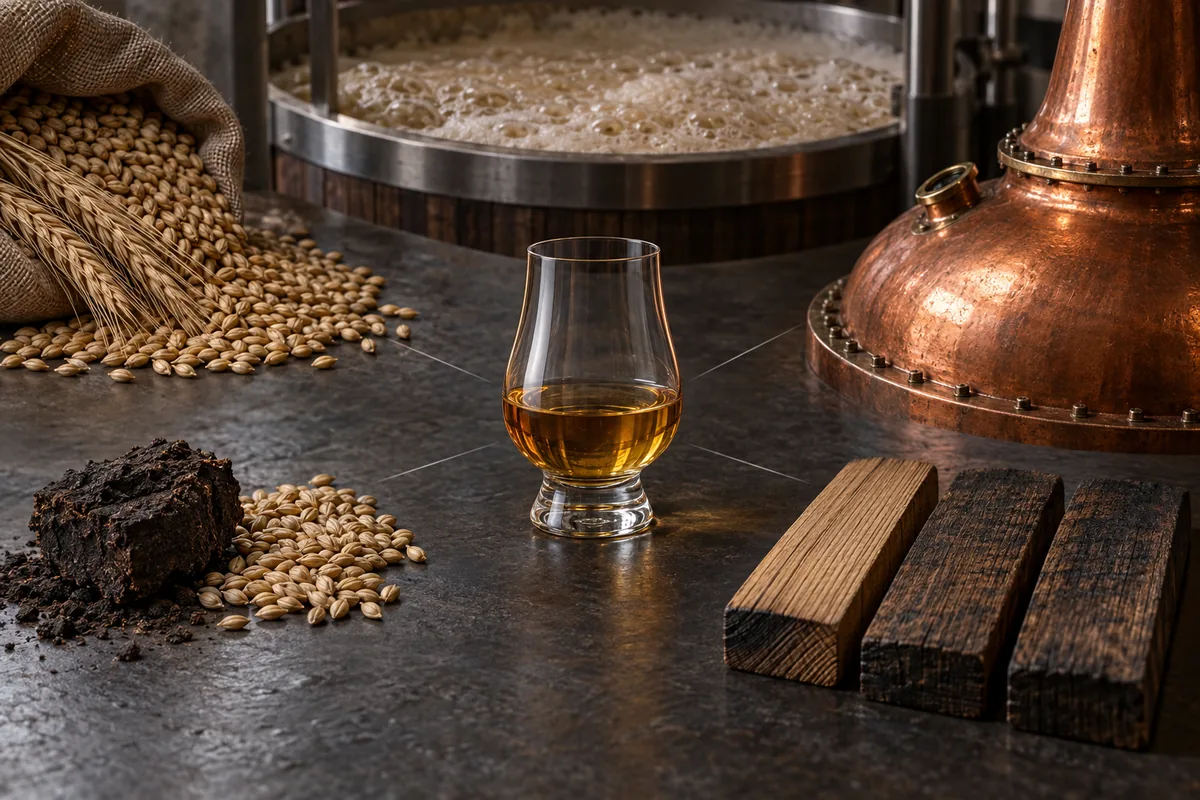 A malt whiskey sample surrounded by barley, fermentation, copper, optional peat, and oak evidence groups.
