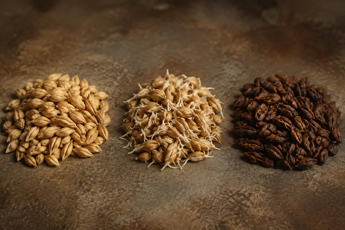Three close views of barley: dry grain, germinating kernels with short white rootlets, and dry kiln-finished malt.