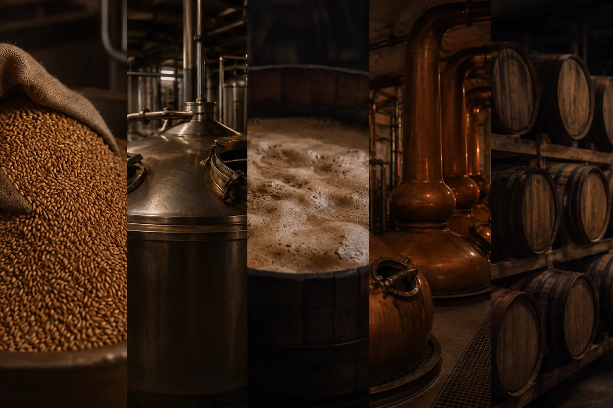 Malted barley, a mash vessel, fermenting wash, copper pot stills, and oak casks shown as distinct production stages.