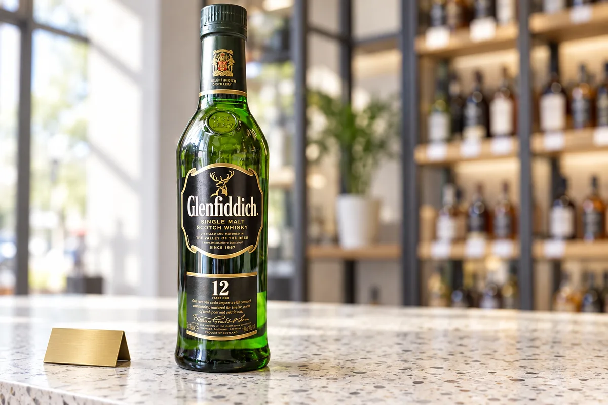 Glenfiddich 12 malt whiskey bottle on a pale terrazzo counter in a specialist bottle shop