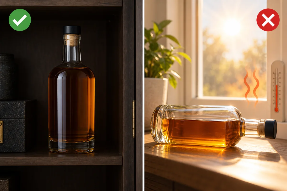 The same unbranded malt whiskey bottle stored upright in a dark cabinet and lying in direct sun and heat.