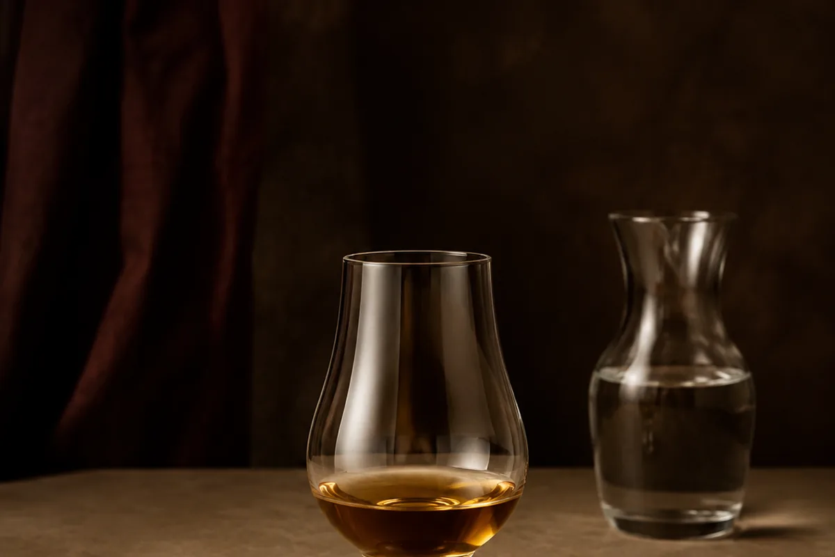 A modest pour of malt whiskey in a tulip glass beside a small water carafe on an uncluttered neutral table.