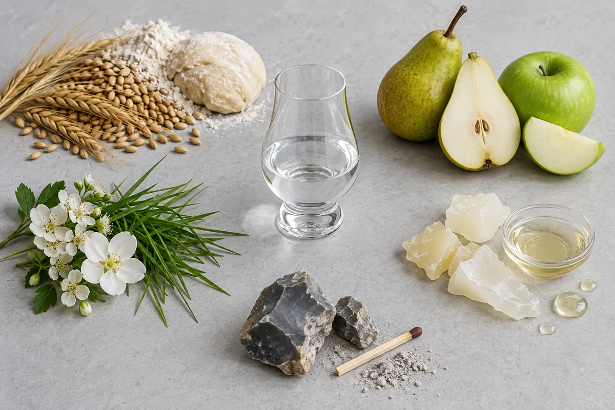 Clear new make spirit surrounded by cereal, pear, apple, flowers, grass, wax, oil, flint, and an unlit match.