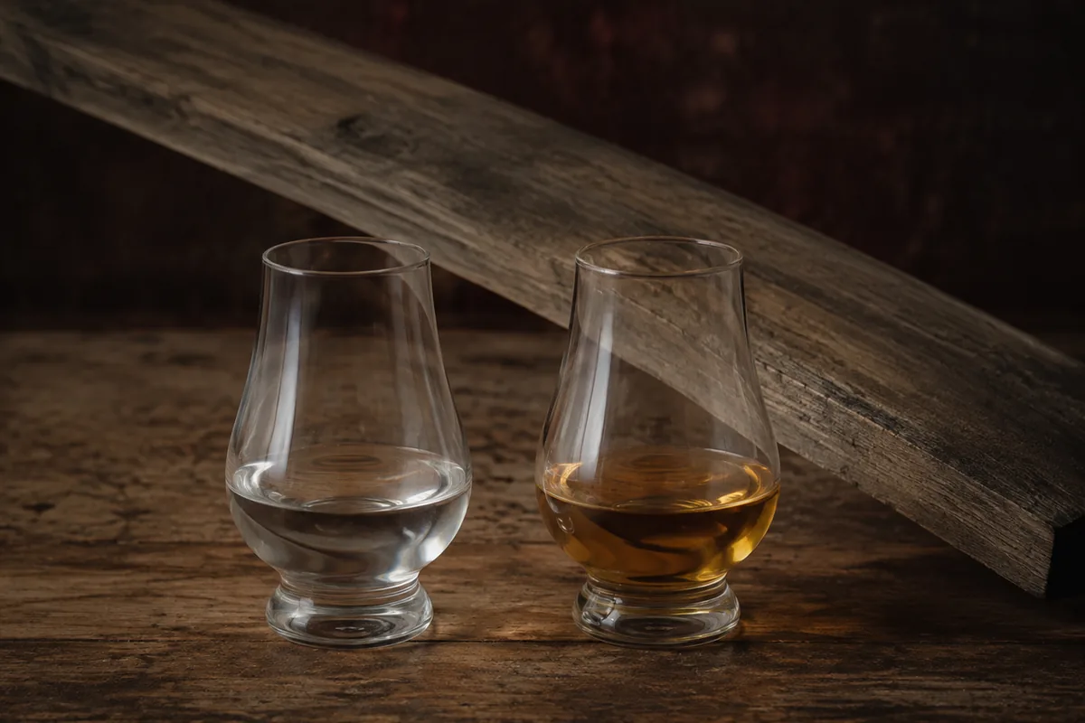 Equal glasses of clear new make and amber matured whisky beside the exposed grain of an oak stave.