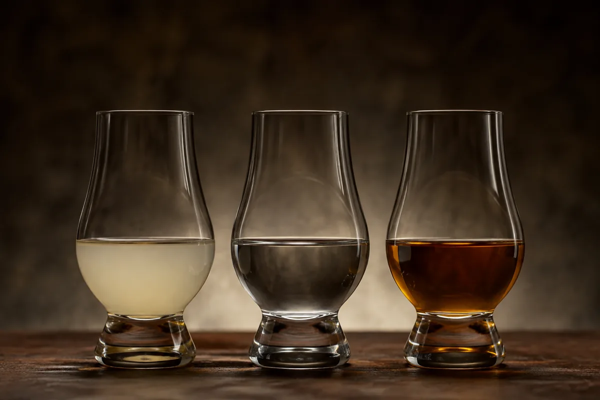 Three identical sample glasses containing cloudy wash, water-clear new make spirit, and amber matured whisky.