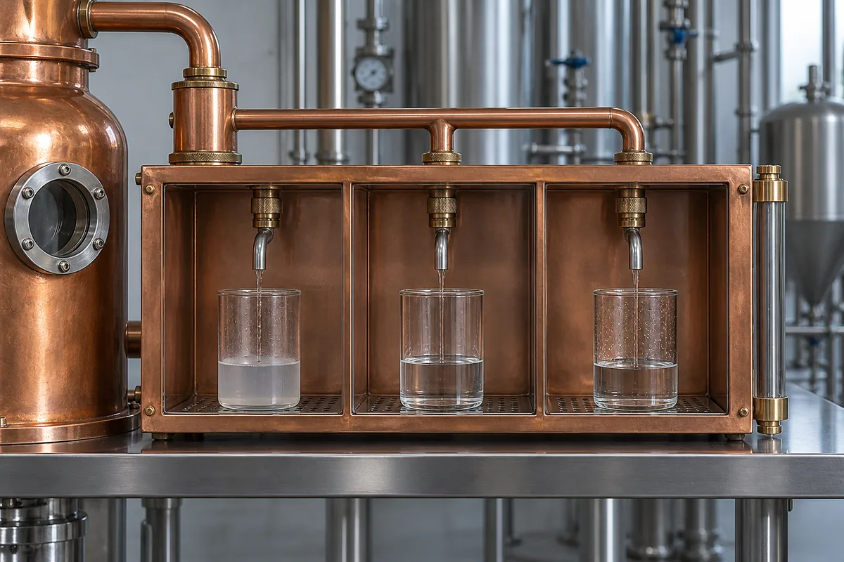 A copper spirit safe feeding three clear receivers that represent changing early, retained, and late distillation fractions.