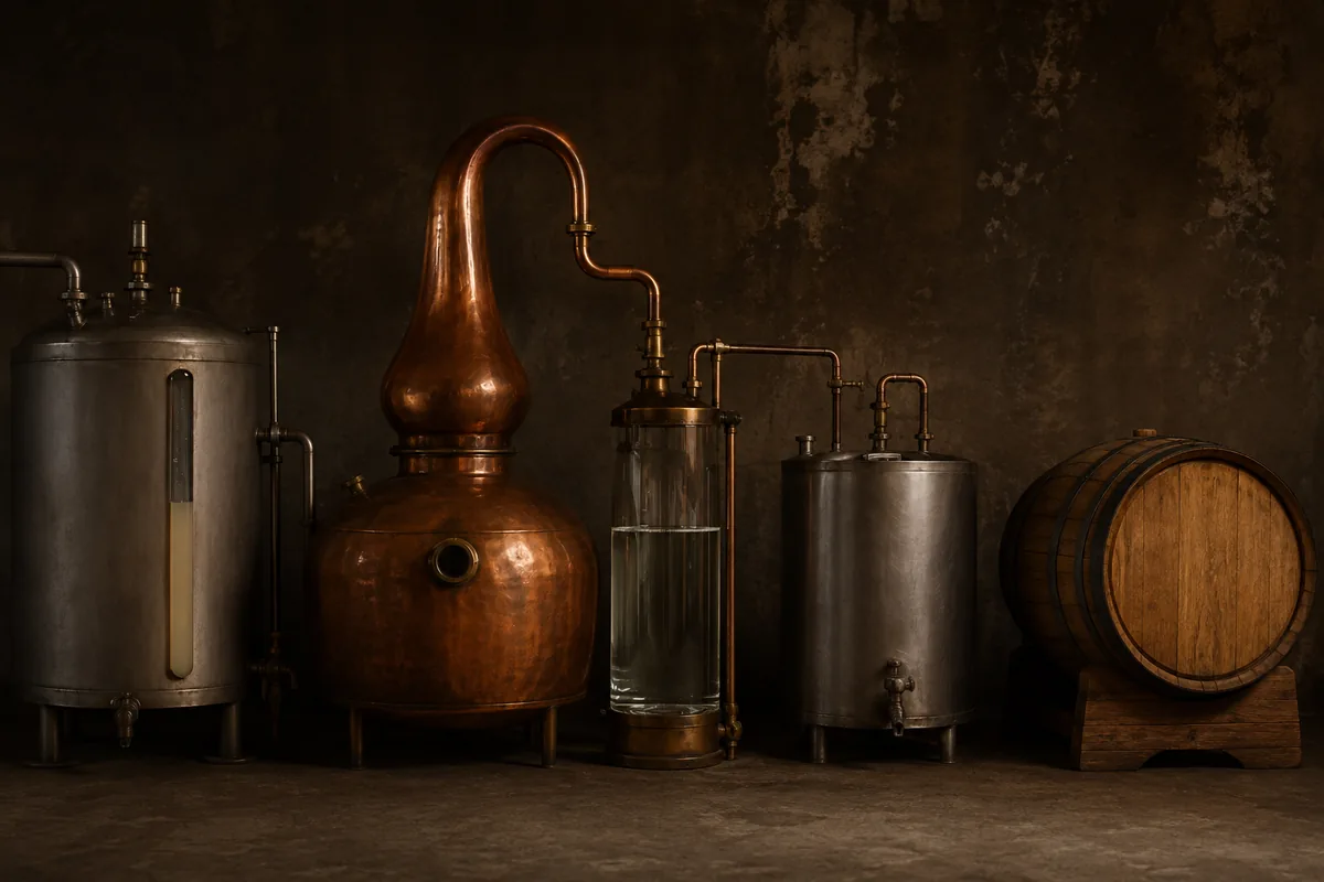Cloudy fermented wash, copper stills, a clear new make receiver, and an oak cask shown in production order.
