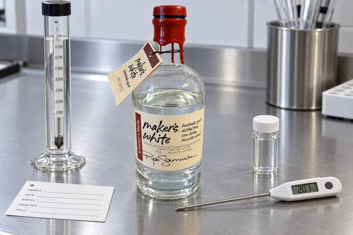 Maker's White new make spirit bottle on a quality-control bench with hydrometer, thermometer and sample vial