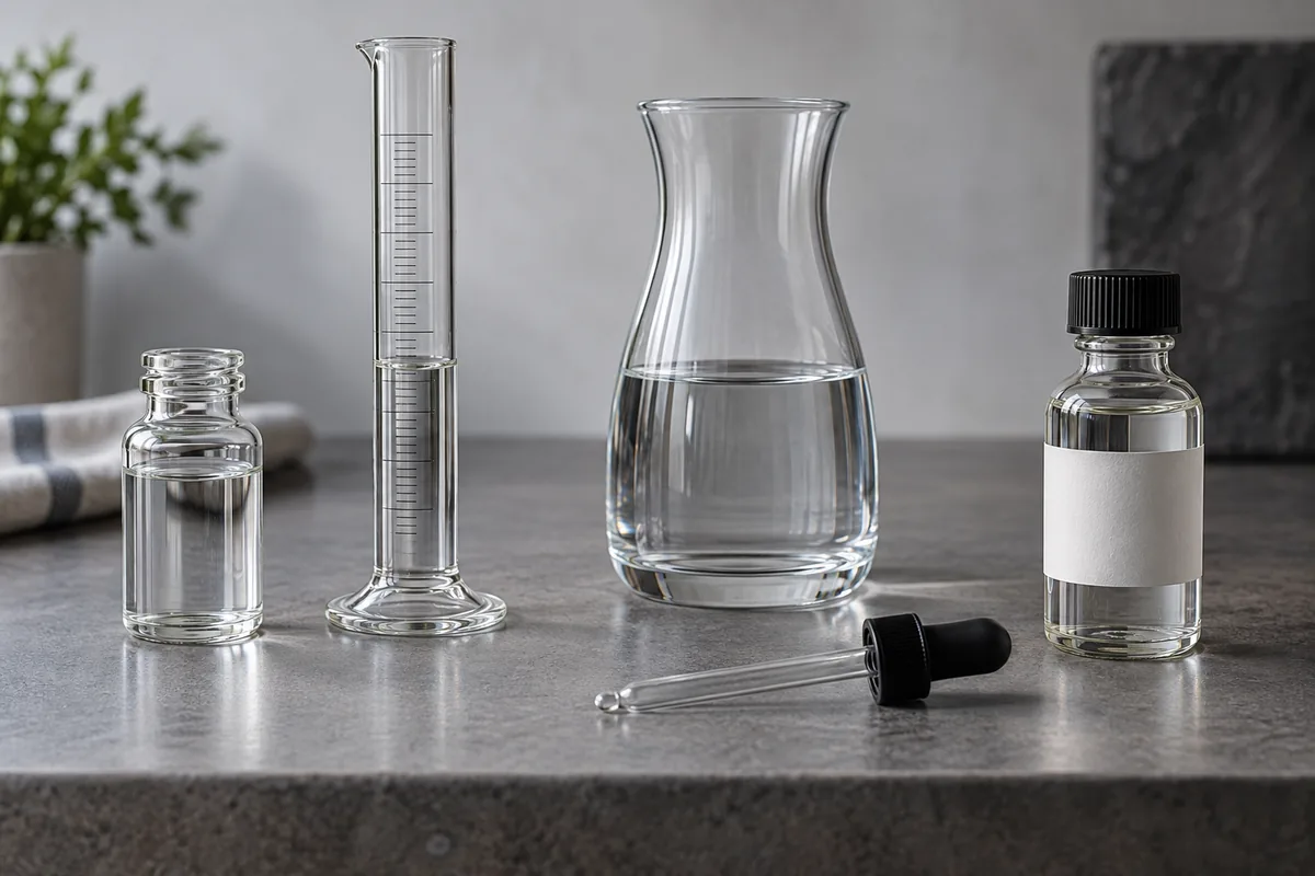 A small new make sample beside a graduated cylinder, water carafe, dropper, and tightly closed sample bottle.