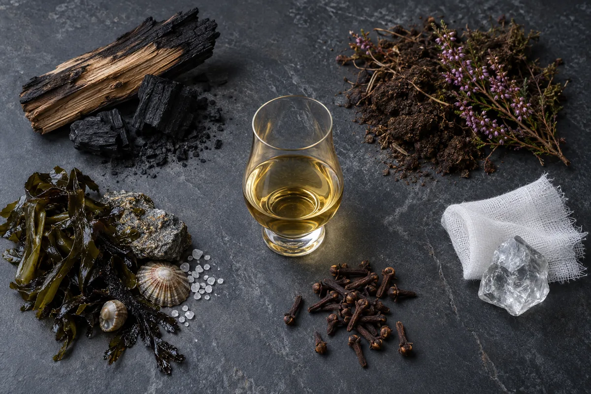 Peated whisky surrounded by wood char, earth, heather, seaweed, mineral, clove, gauze, and clear crystal cues.