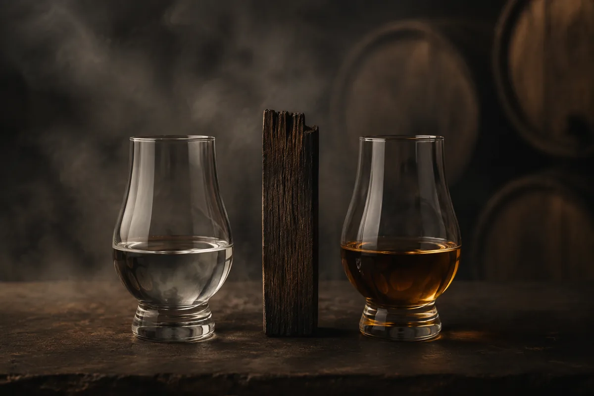 A clear peated new spirit sample, an oak stave, a mature amber sample, and a soft layer of smoke arranged on a warehouse bench.