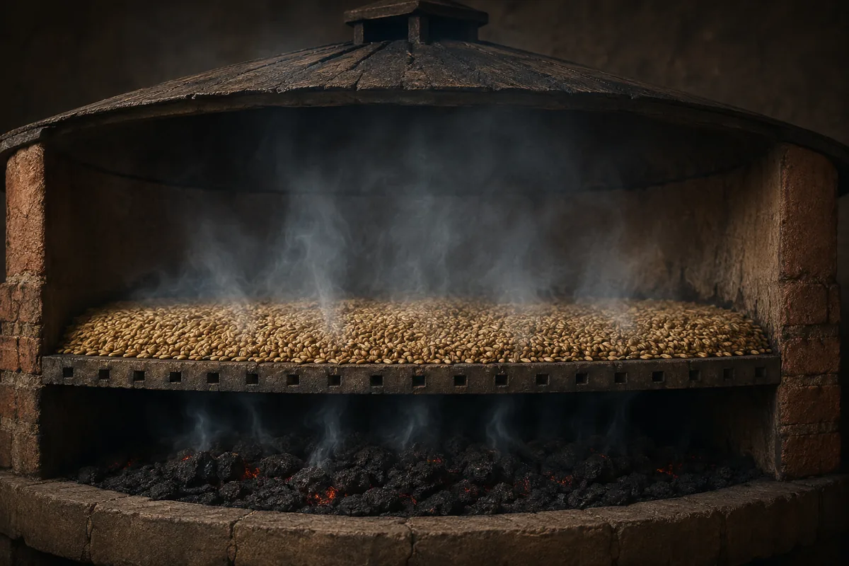 Peat smouldering below a bed of damp malt, with blue-grey smoke moving visibly through the grain.