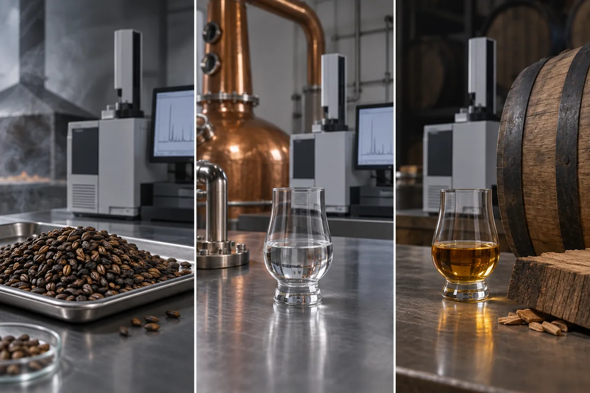Smoked malt, clear new spirit, and amber matured whisky shown as three separate phenol sampling points.
