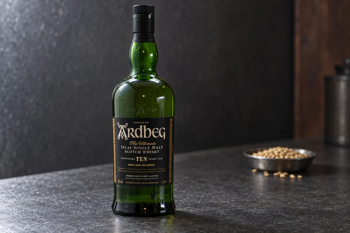Ardbeg Ten Islay single malt Scotch whisky bottle on a charcoal counter beside a small dish of malted barley.