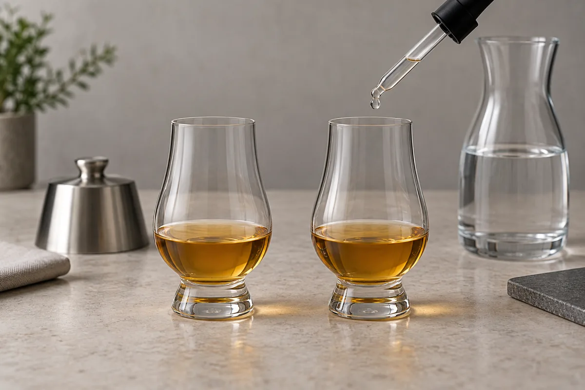 Two equal peated whisky pours under matched conditions, with a dropper adding a few drops of water to one glass.