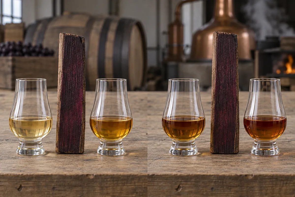 Matched wine-stained oak staves beside lighter and fuller base whiskies with corresponding post-cask samples.