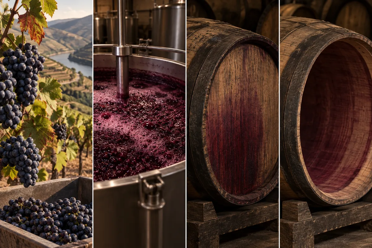 Douro grapes, fermenting red wine, Port resting in oak, and an emptied wine-stained cask shown in sequence.