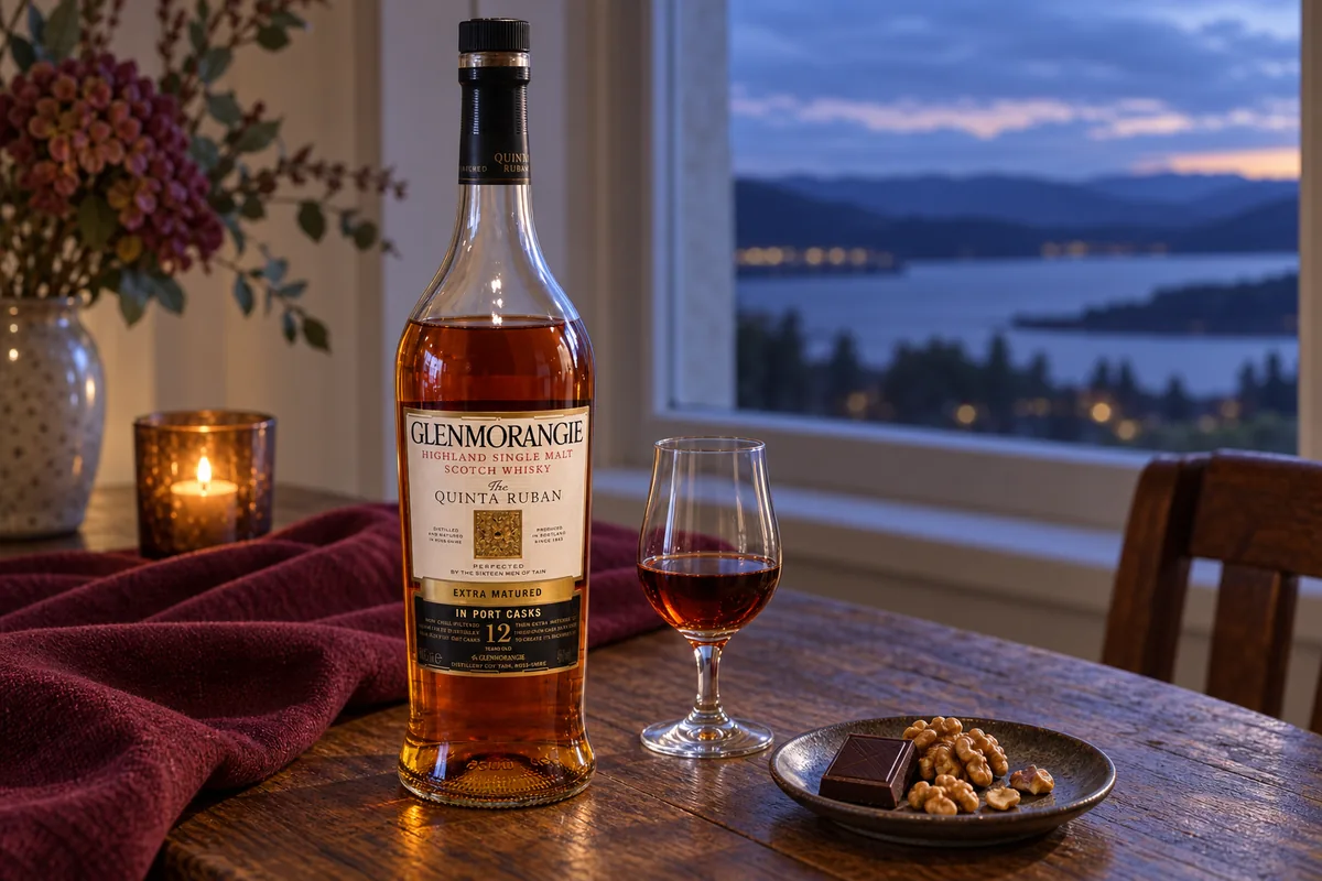 A recognizable Glenmorangie Quinta Ruban bottle beside a small glass of whisky, walnuts, and dark chocolate on an adult tasting table.