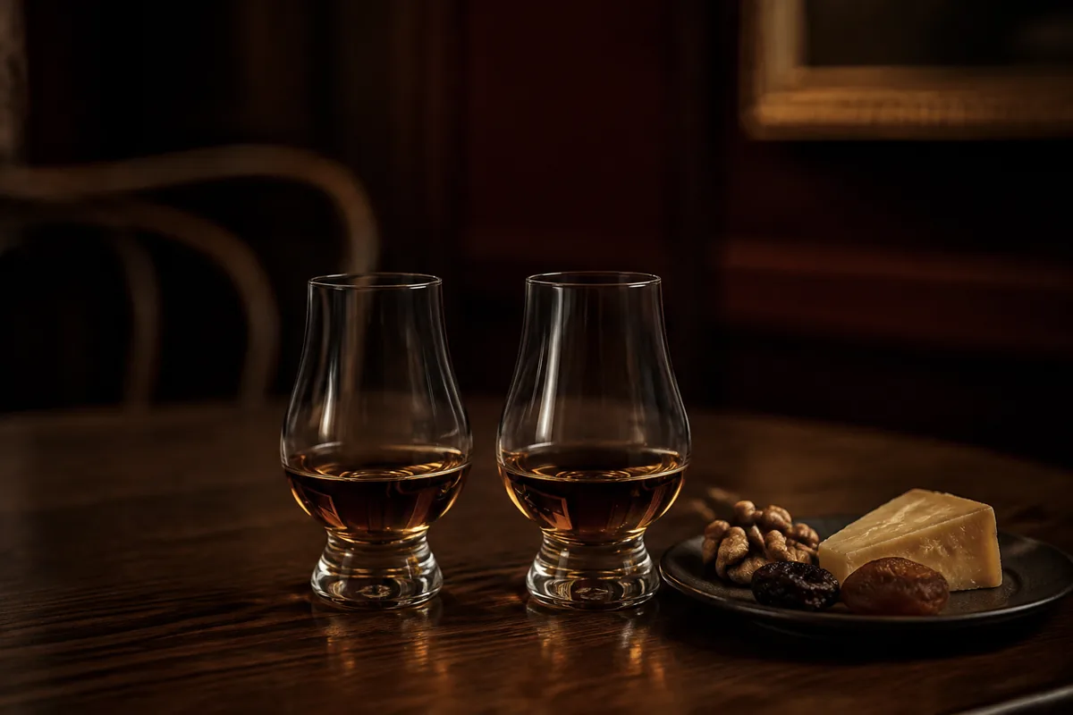 Two equal whisky samples beside small portions of walnut, mature cheese, and dried fruit on a warm uncluttered table.