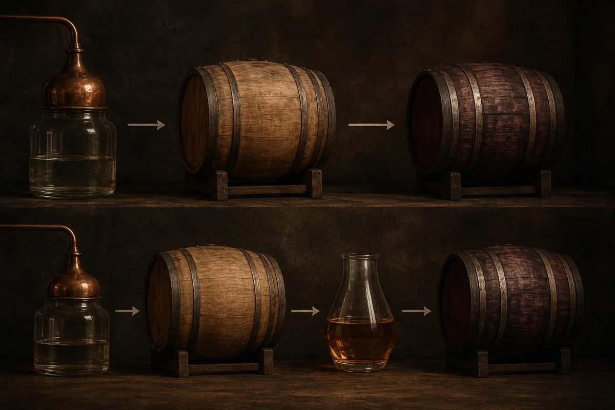 Two parallel whisky maturation paths, one entering a former Port cask first and another moving from a plain oak cask into former Port oak later.