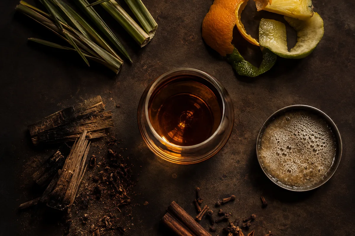 Cane grass, citrus peel, tropical fruit, fermentation bubbles, toasted oak, and spice arranged in separate zones around an unbranded rum glass.