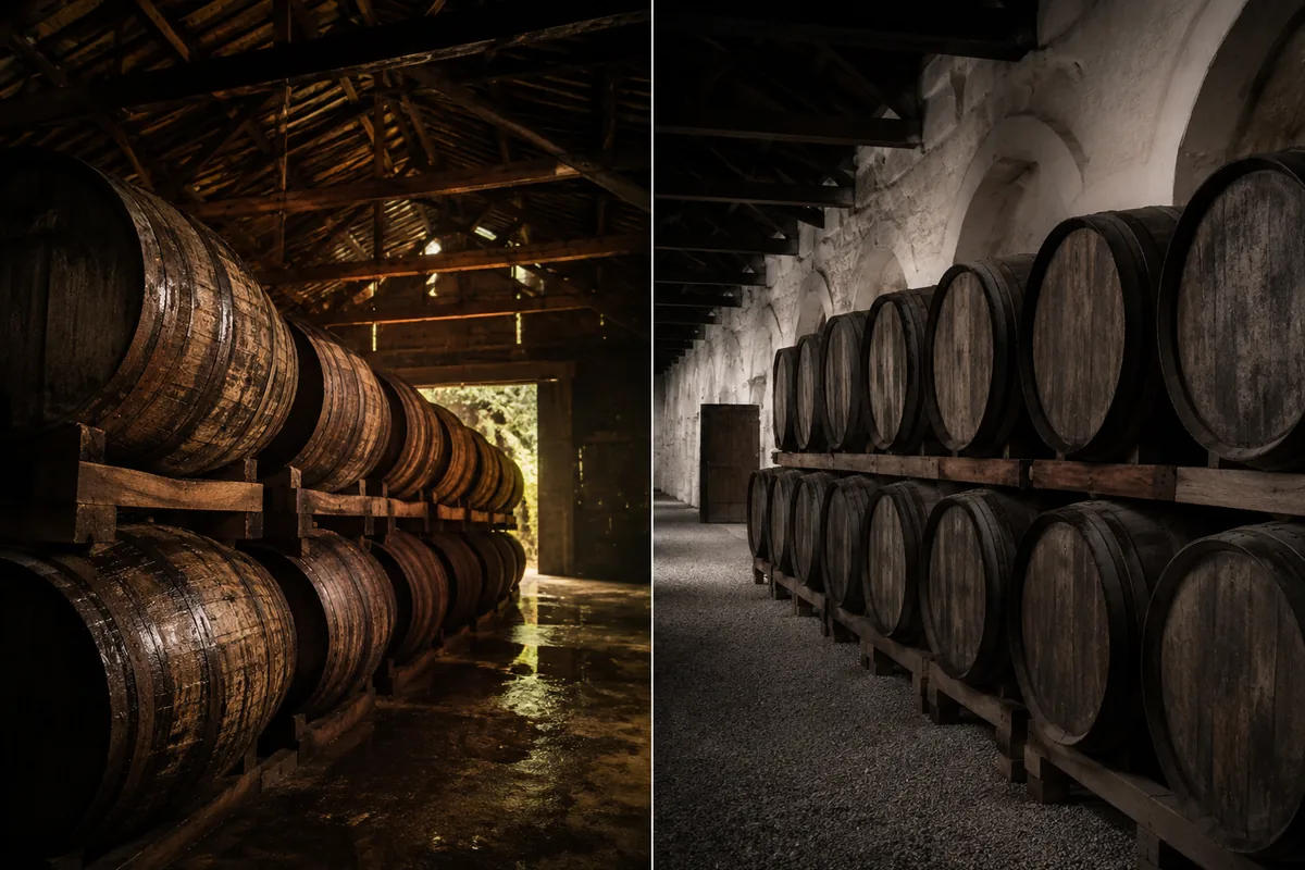 Matched rum casks in a warm humid warehouse and a cooler stable warehouse shown side by side.