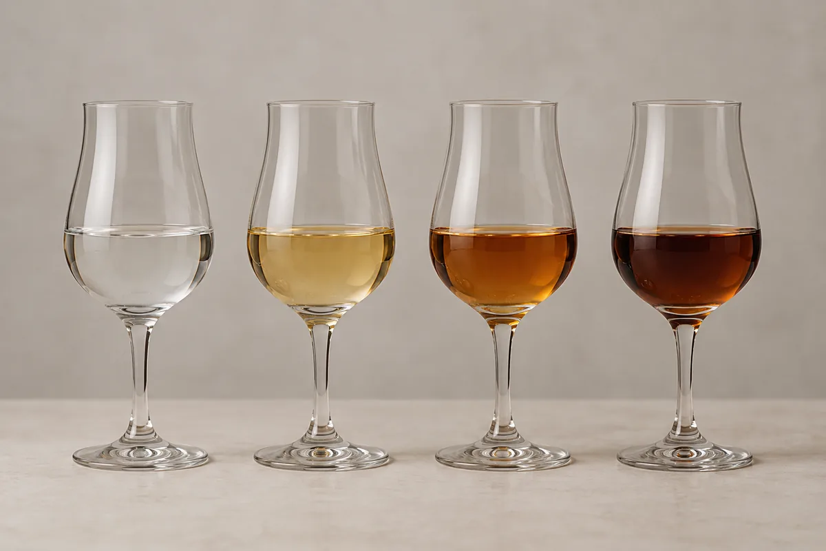 Four identical tasting glasses on a pale surface holding rum from water clear through pale gold and amber to deep brown