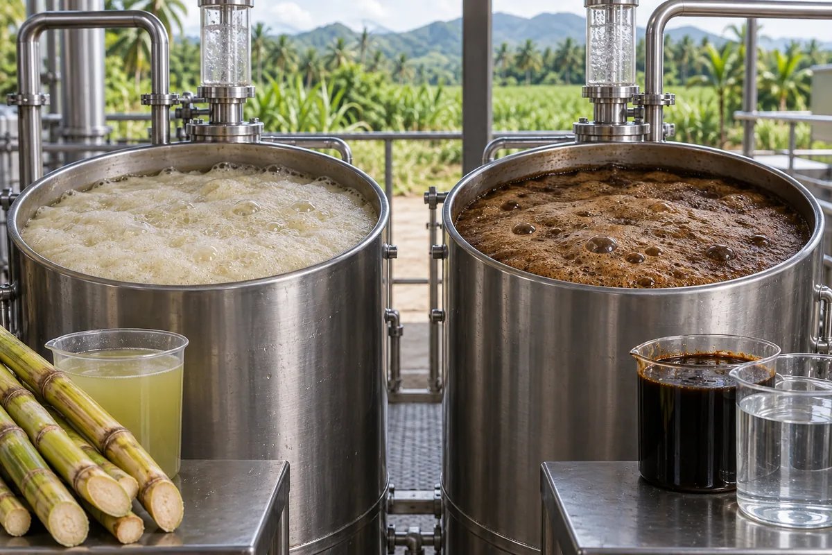 Pale cane-juice and dark molasses fermentations active in separate sanitary vessels beside their inputs.