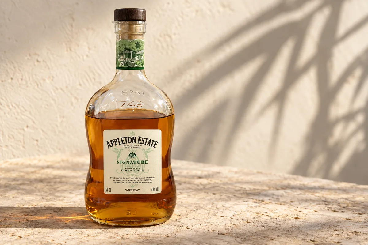 Appleton Estate Signature Jamaica Rum bottle on a pale stone counter with a soft cane-leaf shadow behind.