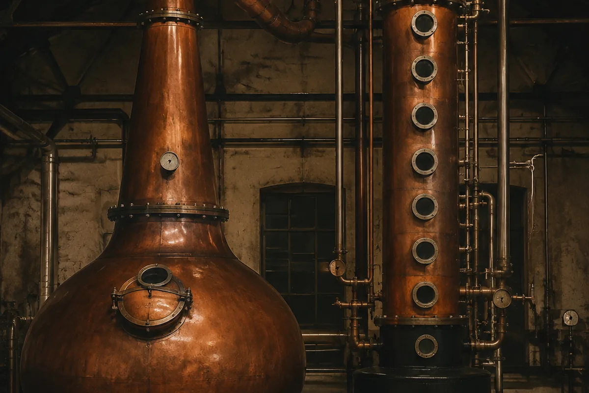 A rounded copper pot still beside a tall plated distillation column on an unbranded rum distillery floor.
