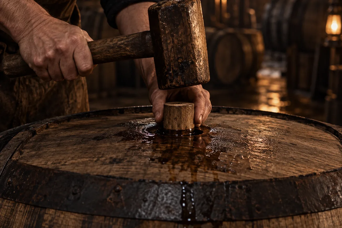 A cooper's mallet driving a wooden bung into the filled bunghole of a charred oak barrel, spirit still wet around the rim