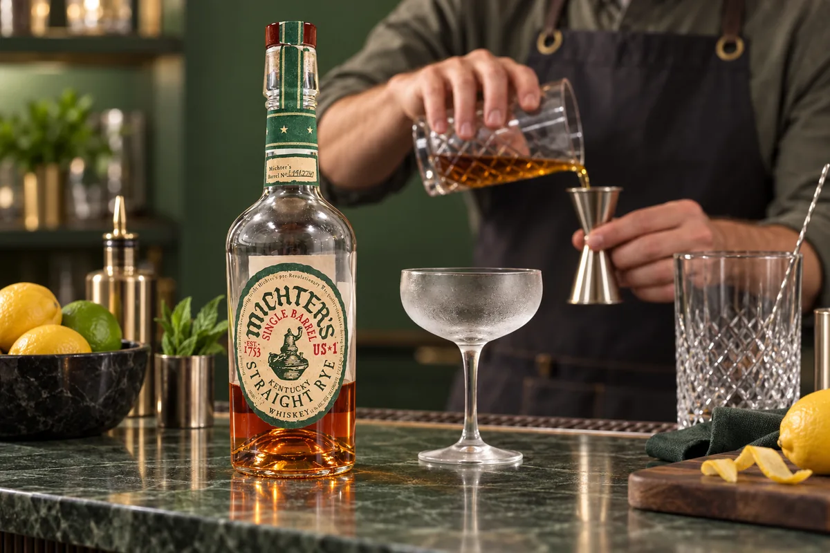 A recognizable Michter's US 1 Kentucky Straight Rye bottle at an adult cocktail station while a bartender measures whiskey.