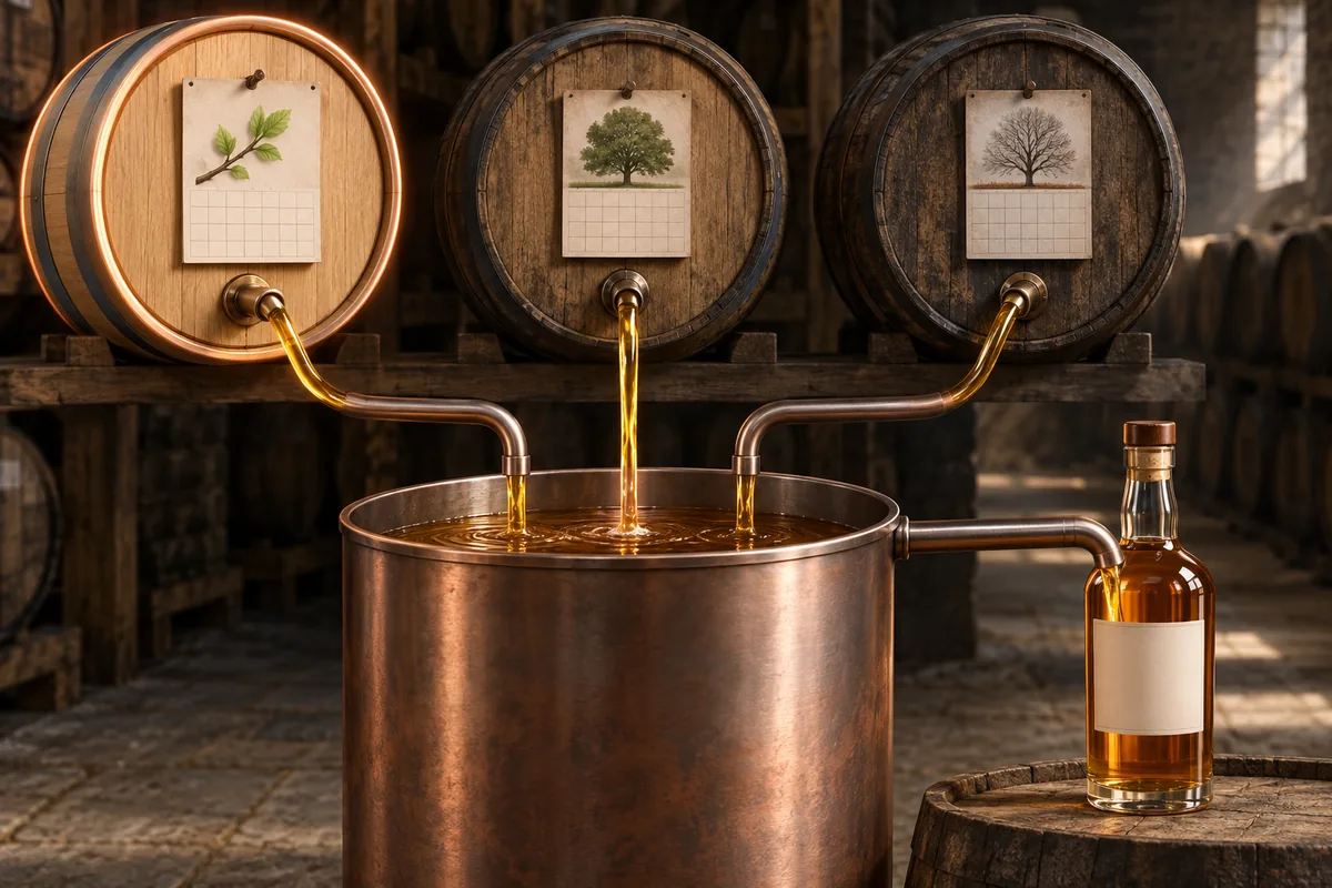 Three differently aged Scotch casks feeding one vat and bottle, with the youngest cask outlined in copper.