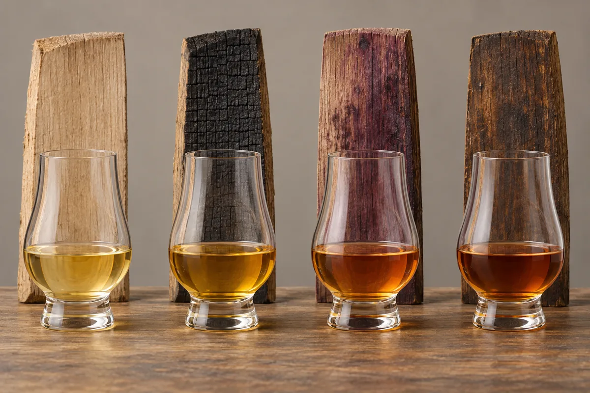 Four Scotch whisky glasses of different amber shades beside oak staves with varied previous cask histories