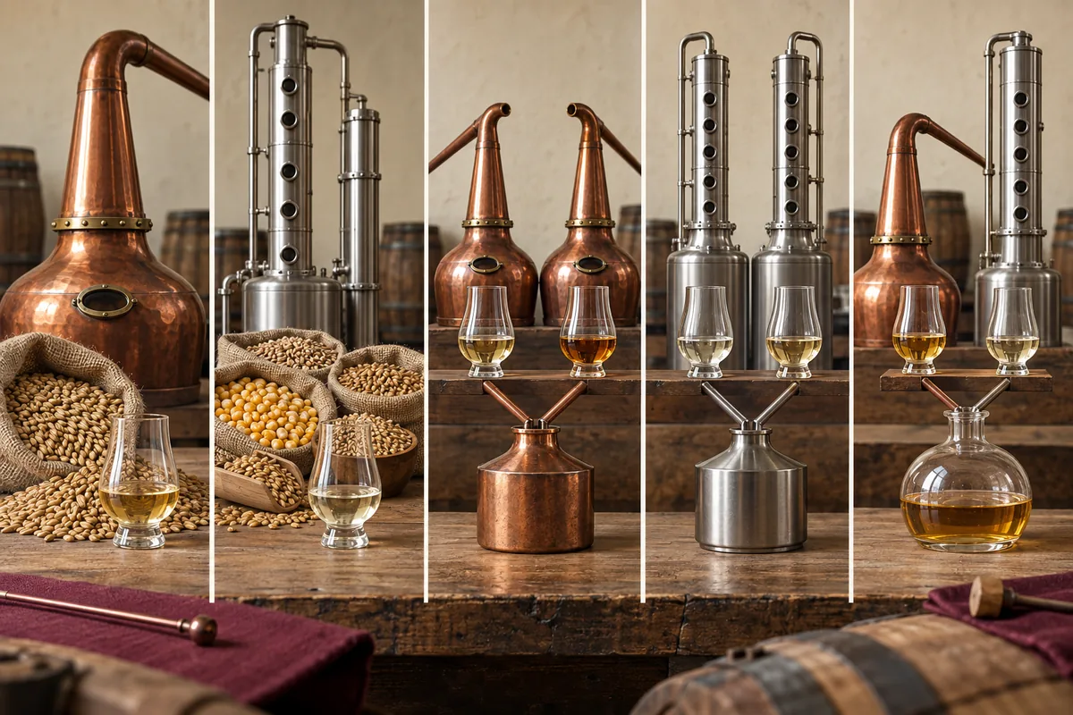 Five groups of whisky-making vessels representing the single malt, single grain, blended malt, blended grain, and blended Scotch categories