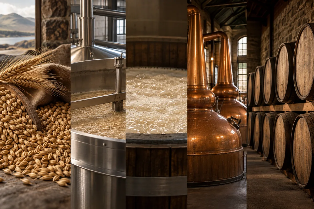 Four-stage Scotch whisky process showing cereal mash, fermenting wash, a copper still, and oak casks