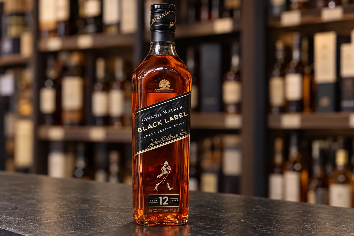 Johnnie Walker Black Label 12 blended Scotch whisky bottle on a dark slate counter in a specialist bottle shop.