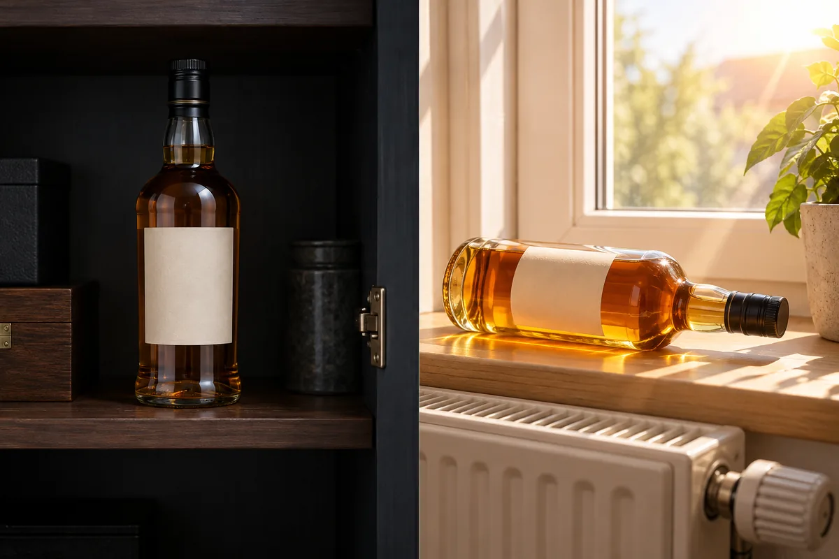 The same blank-label Scotch bottle upright in a dark cupboard and lying in sunlight above a radiator.