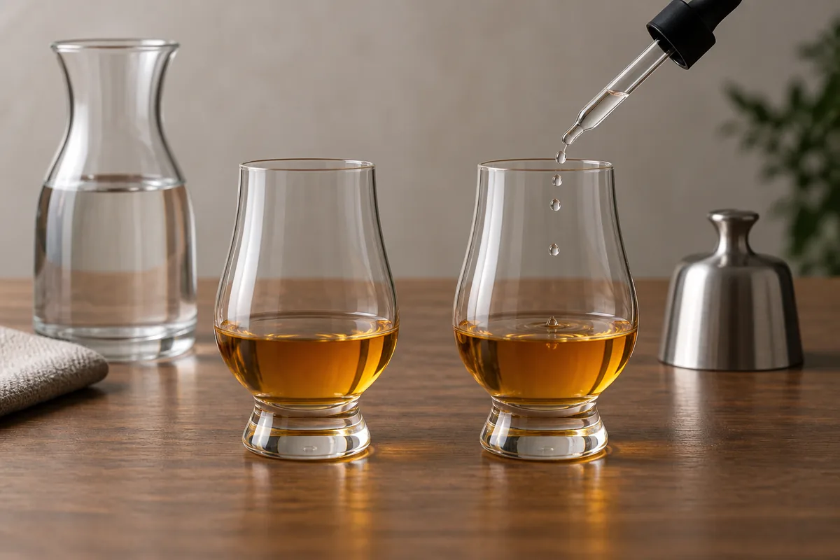 Two equal Scotch whisky pours under matched conditions, with a dropper adding a few drops of water to one glass.