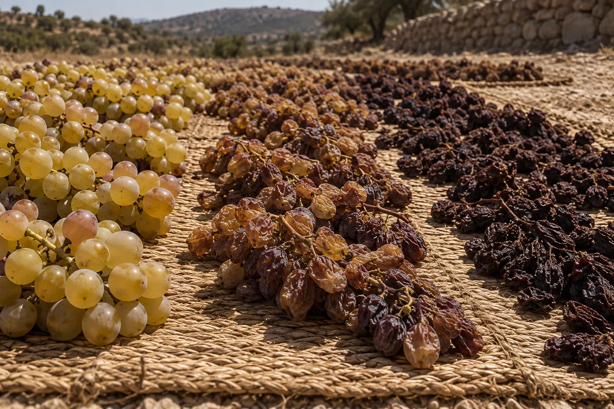 Grape bunches laid out to dry on esparto grass mats under hard midday sun, shown at three visible stages of shrivelling from plump fruit to near raisin.