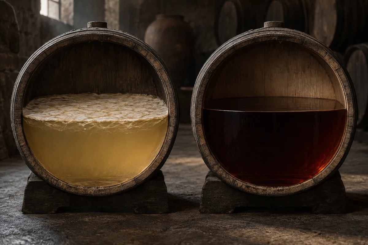 Two cutaway cask heads at the same eye level, one showing a wrinkled cream-white yeast film floating on pale straw wine and the other showing dark mahogany wine with a clear surface and headspace.