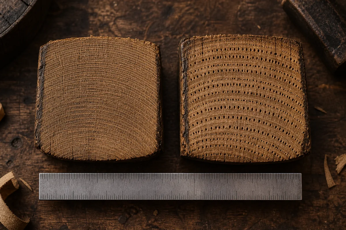 Two cut oak stave ends side by side at the same magnification on a workbench, one with tight close growth rings and fine pores and one with wider rings and rows of large open pores, a steel rule laid below them for scale.
