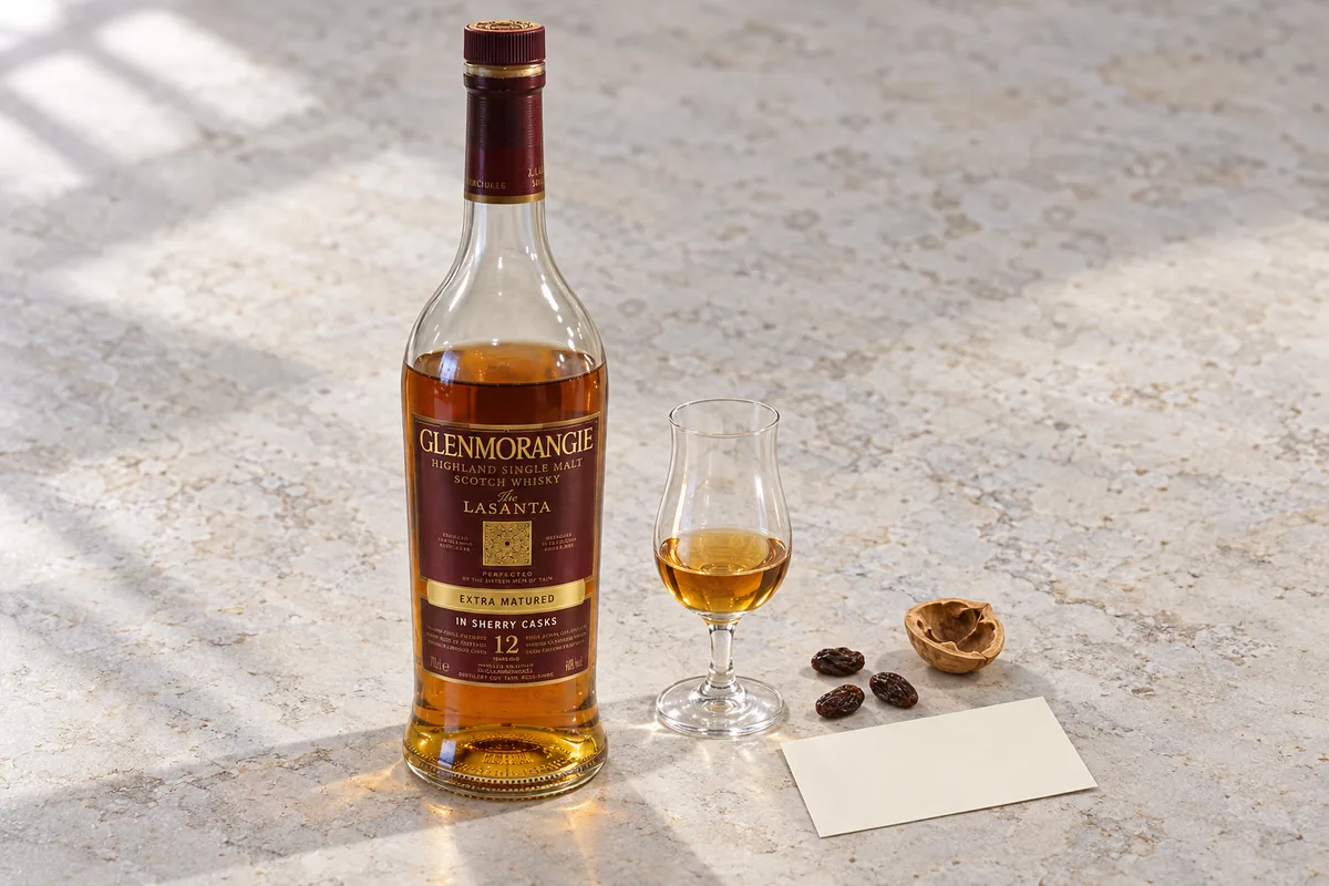A recognizable Glenmorangie Lasanta bottle beside a small whisky glass, raisins, and a walnut shell on a pale tasting surface.