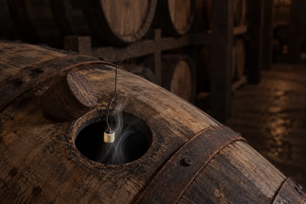 A small sulphur wick hanging from a wire hook inside the open bunghole of an empty cask lying on its side, with pale smoke curling out of the dark interior.