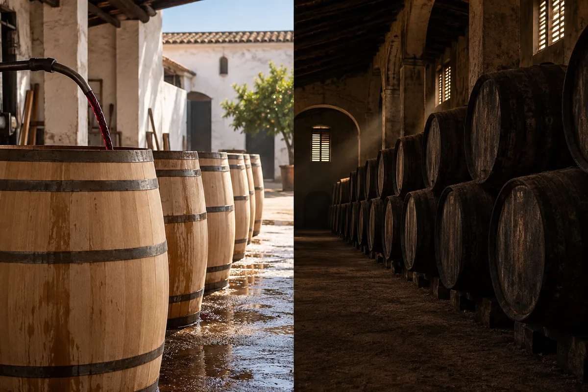 Pale newly coopered oak butts being filled in a bright cooperage yard on one side, and a dim bodega aisle of almost black stacked butts on the other.